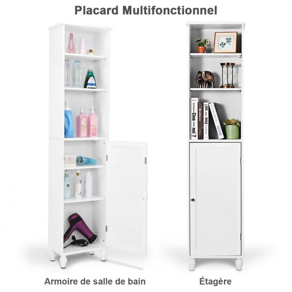 Colonne de Salle de Bain Meuble de Rangement WC Large Espace de Stockage en MDF et Bois de Pin 38x23x160,5cm Blanc