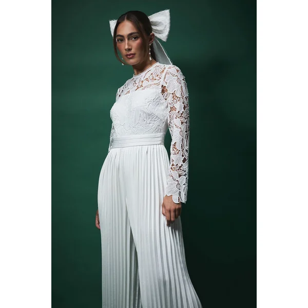 Combinaison Lisa Tan Haut en Dentelle avec Pantalon Large Plissé