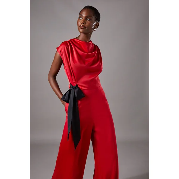 Combinaison Pantalon Large en Satin à Liens Latéraux