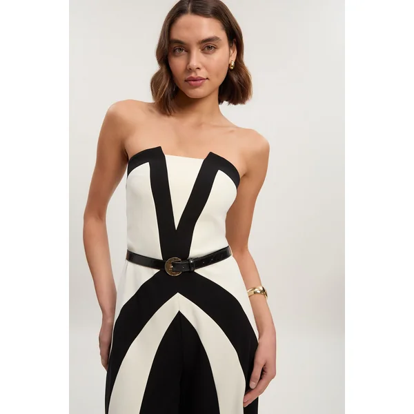 Combinaison-Pantalon Bustier Ajustée à Blocs de Couleurs en Maille Stretch Compacte
