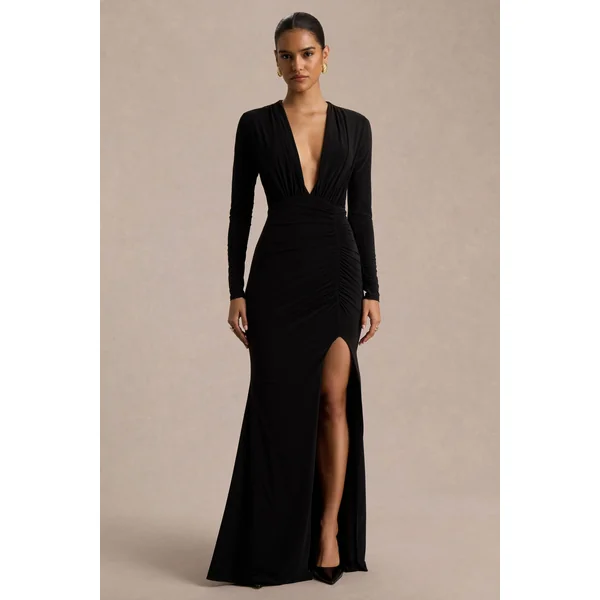 Command | Robe longue noire à décolleté plongeant avec fente haute sur le devant