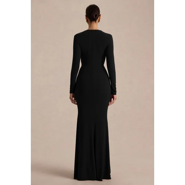 Command | Robe longue noire à décolleté plongeant avec fente haute sur le devant