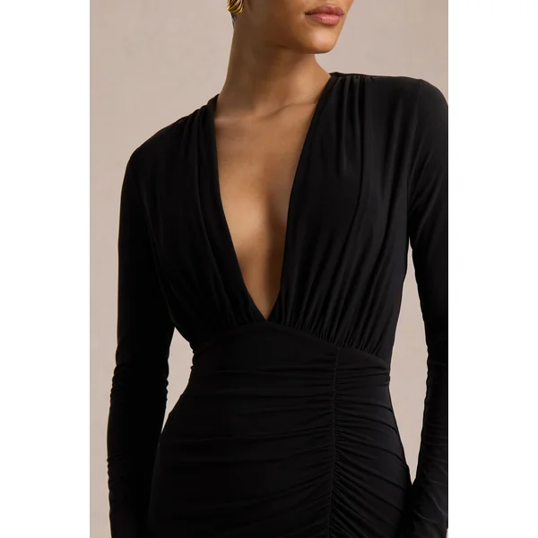 Command | Robe longue noire à décolleté plongeant avec fente haute sur le devant