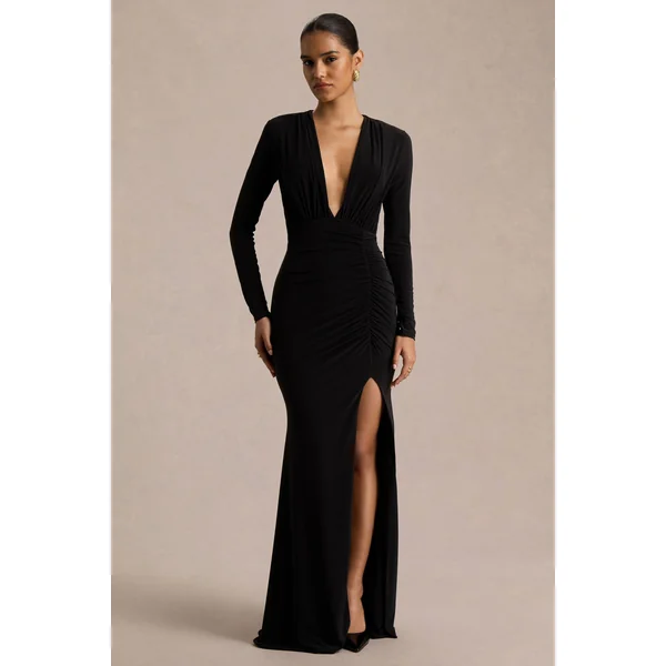 Command | Robe longue noire à décolleté plongeant avec fente haute sur le devant