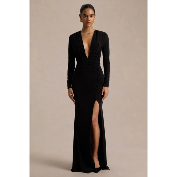 Command | Robe longue noire à décolleté plongeant avec fente haute sur le devant