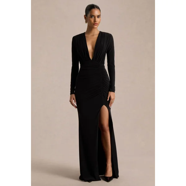 Command | Robe longue noire à décolleté plongeant avec fente haute sur le devant