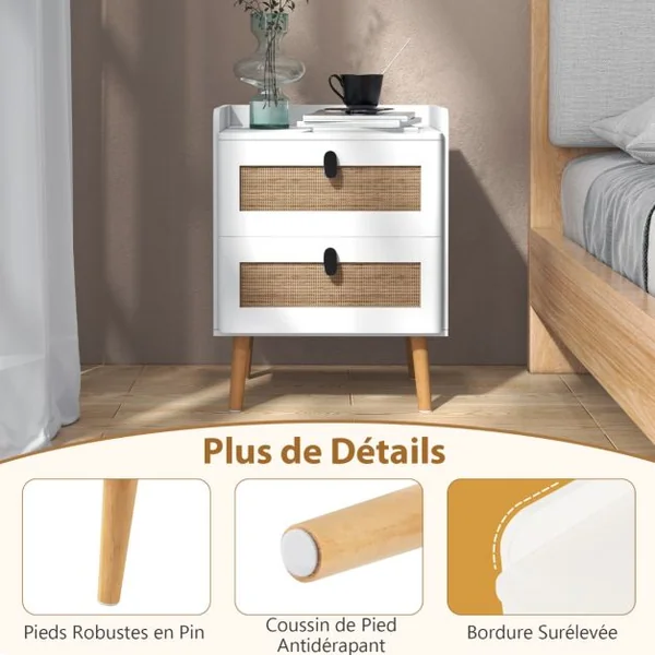 Commode 2 Tiroirs Table de Chevet avec Pieds en Bois Massif Poignée Noir Design Tiroir en Rotin Bohème Petite Commode Scandinave Blanc