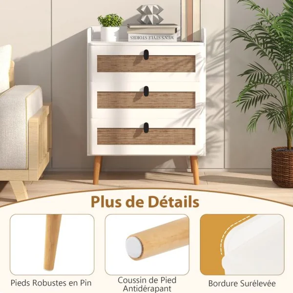 Commode 3 Tiroirs Commode Chambre Adulte Pieds en Bois Massif Poignée Noir Design Tiroir en Rotin Bohème Petite Commode Scandinave Blanc