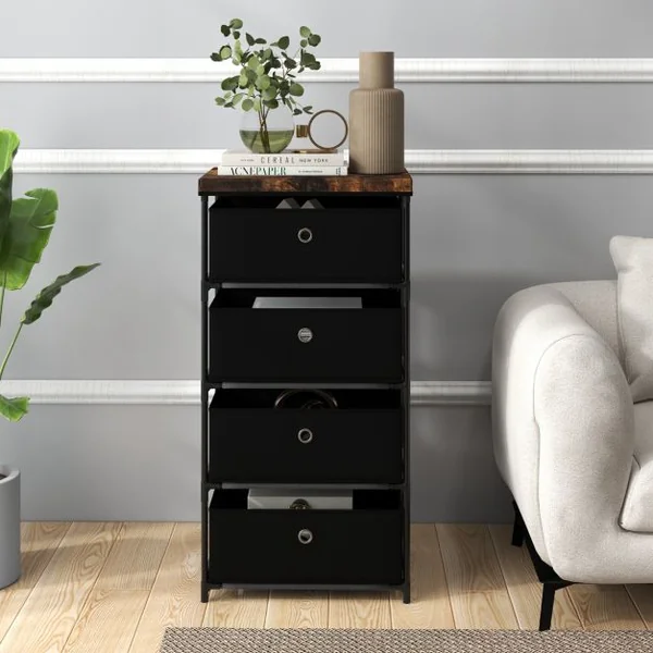 Commode 4 Tiroirs en Tissu Commode Chambre avec Cadre en Métal et Plateau Commode Haute pour Chambre Adulte/Enfant 42 x 33,5 x 84,5cm Gris/Marron/Noir