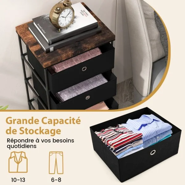 Commode 4 Tiroirs en Tissu Commode Chambre avec Cadre en Métal et Plateau Commode Haute pour Chambre Adulte/Enfant 42 x 33,5 x 84,5cm Gris/Marron/Noir