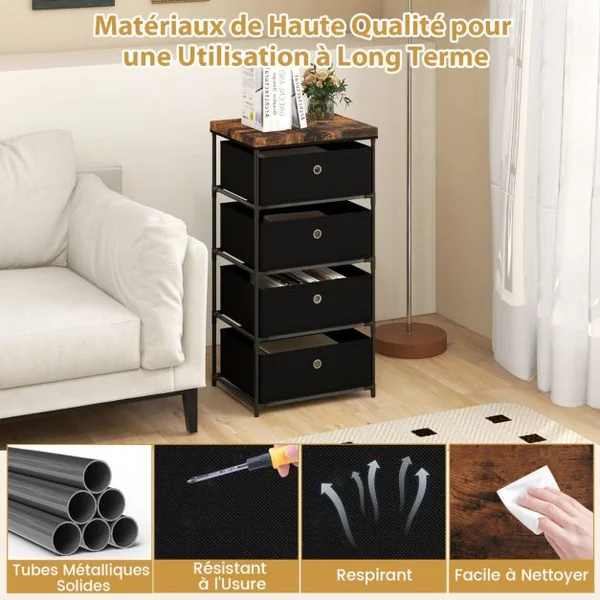 Commode 4 Tiroirs en Tissu Commode Chambre avec Cadre en Métal et Plateau Commode Haute pour Chambre Adulte/Enfant 42 x 33,5 x 84,5cm Gris/Marron/Noir