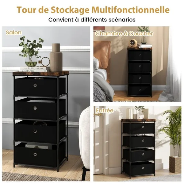 Commode 4 Tiroirs en Tissu Commode Chambre avec Cadre en Métal et Plateau Commode Haute pour Chambre Adulte/Enfant 42 x 33,5 x 84,5cm Gris/Marron/Noir