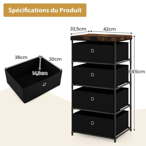 Commode 4 Tiroirs en Tissu Commode Chambre avec Cadre en Métal et Plateau Commode Haute pour Chambre Adulte/Enfant 42 x 33,5 x 84,5cm Gris/Marron/Noir