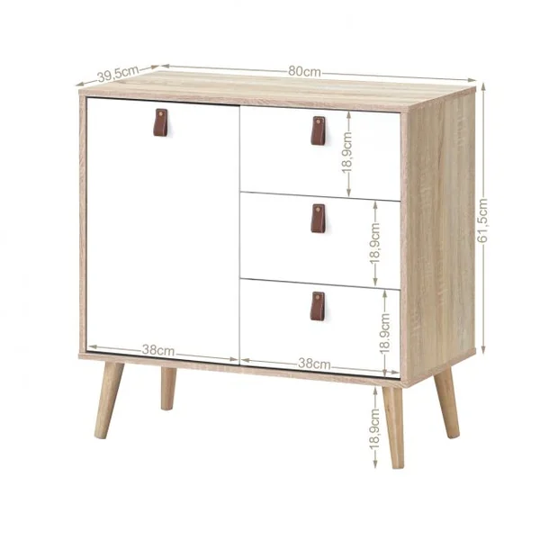Commode avec 3 Tiroirs et 1 Porte pour Chambre Style Scandinave Capacité 25kg en Mdf 80x39,5x80,4cm Blanc et Naturel