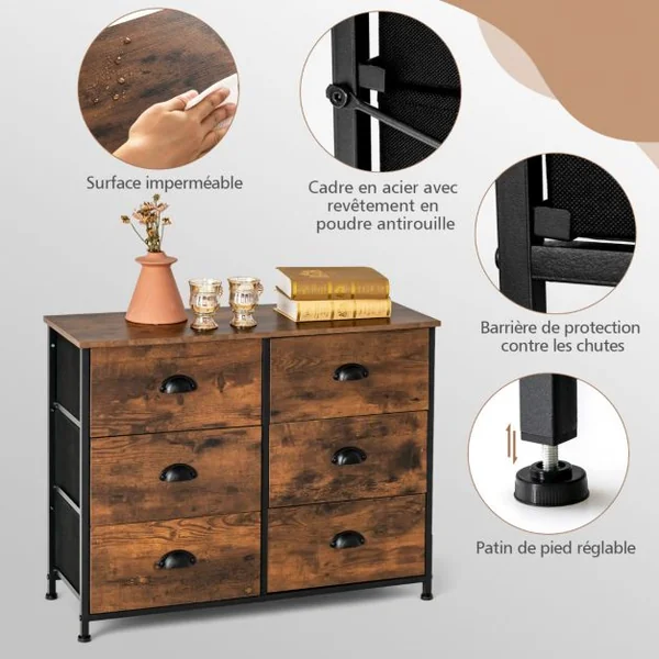 Commode avec 6 Tiroirs Meuble de Rangement avec Tiroirs en Tissu Poignées et Structure en Acier pour Chambre Salon