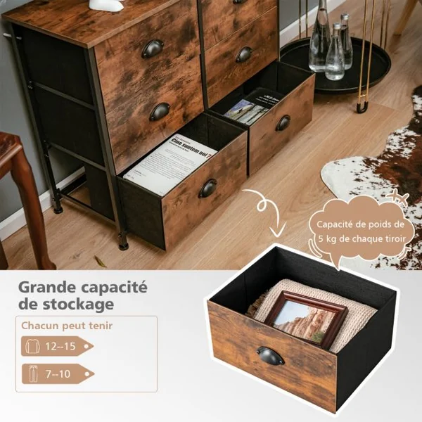 Commode avec 6 Tiroirs Meuble de Rangement avec Tiroirs en Tissu Poignées et Structure en Acier pour Chambre Salon