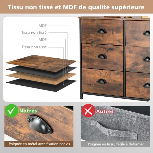Commode avec 6 Tiroirs Meuble de Rangement avec Tiroirs en Tissu Poignées et Structure en Acier pour Chambre Salon
