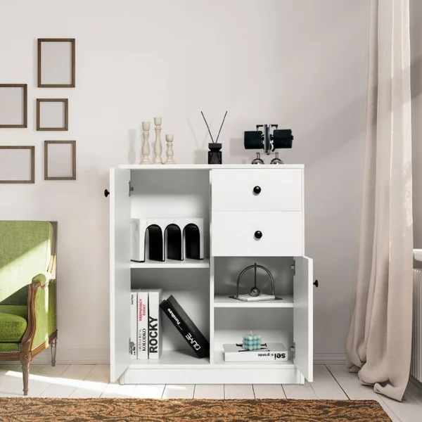 Commode Buffet Meuble de Rangement avec 2 Tiroirs et 2 Portes Meuble Bas Blanc avec Étagères Réglables pour Salon Chambre Entrée 72 x 34 x 85,5cm Blanc