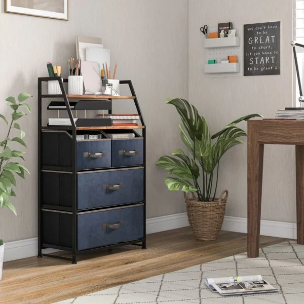 Commode Chambre 4 Tiroirs en Tissu, Meuble de Rangement Industriel avec 2 Étagères Kit Anti-basculement Inclus 58x29x100cm