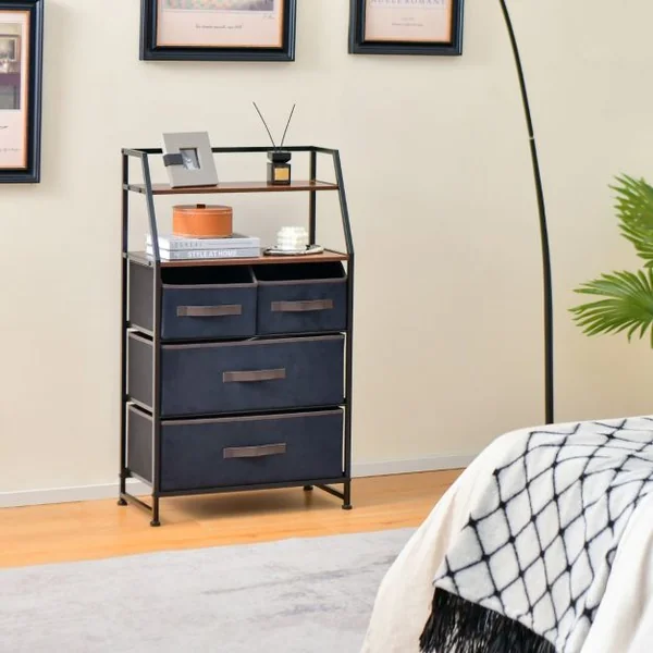Commode Chambre 4 Tiroirs en Tissu, Meuble de Rangement Industriel avec 2 Étagères Kit Anti-basculement Inclus 58x29x100cm