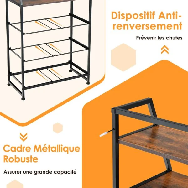 Commode Chambre 4 Tiroirs en Tissu, Meuble de Rangement Industriel avec 2 Étagères Kit Anti-basculement Inclus 58x29x100cm
