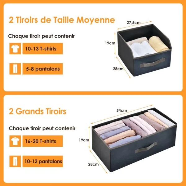 Commode Chambre 4 Tiroirs en Tissu, Meuble de Rangement Industriel avec 2 Étagères Kit Anti-basculement Inclus 58x29x100cm