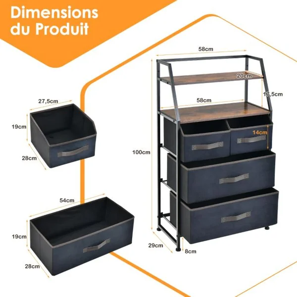 Commode Chambre 4 Tiroirs en Tissu, Meuble de Rangement Industriel avec 2 Étagères Kit Anti-basculement Inclus 58x29x100cm