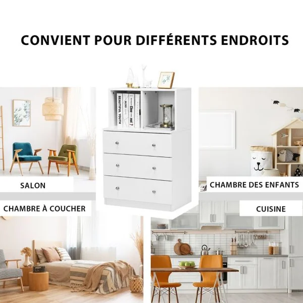 Commode Chambre Adulte avec 3 Tiroirs 2 Compartiments Meuble de Rangement en Bois pour Chambre Salon Entrée 60 x 40 x 94 cm Blanc