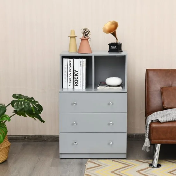 Commode Chambre Adulte avec 3 Tiroirs 2 Compartiments Meuble de Rangement en Bois pour Chambre Salon Entrée 60 x 40 x 94 cm Gris