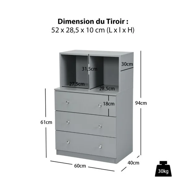 Commode Chambre Adulte avec 3 Tiroirs 2 Compartiments Meuble de Rangement en Bois pour Chambre Salon Entrée 60 x 40 x 94 cm Gris