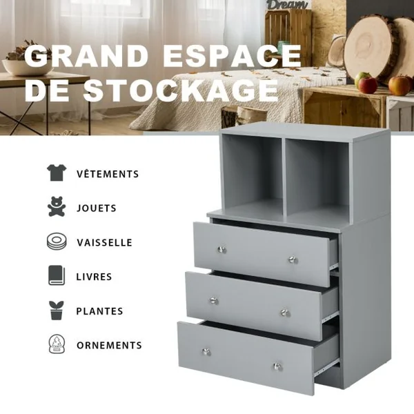 Commode Chambre Adulte avec 3 Tiroirs 2 Compartiments Meuble de Rangement en Bois pour Chambre Salon Entrée 60 x 40 x 94 cm Gris