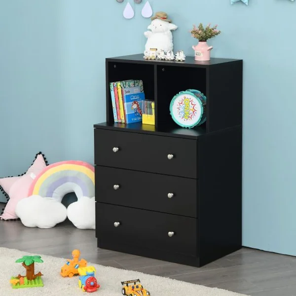 Commode Chambre Adulte avec 3 Tiroirs 2 Compartiments Meuble de Rangement en Bois pour Chambre Salon Entrée 60 x 40 x 94 cm Noir