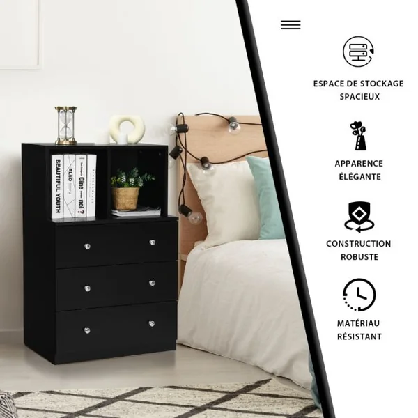 Commode Chambre Adulte avec 3 Tiroirs 2 Compartiments Meuble de Rangement en Bois pour Chambre Salon Entrée 60 x 40 x 94 cm Noir