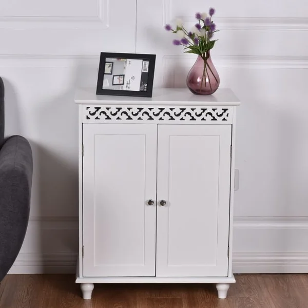 Commode de salle de bain Armoire de rangement Buffet avec ornementation sculptée en MDF, 60x34,5x76,5cm, Blanc