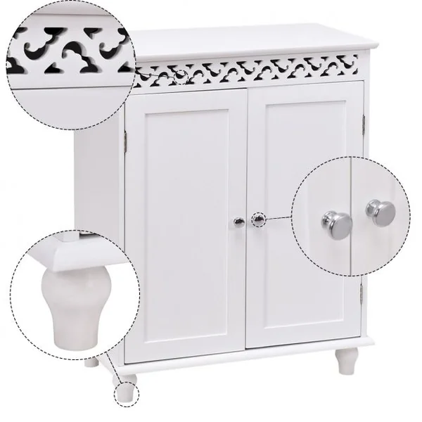 Commode de salle de bain Armoire de rangement Buffet avec ornementation sculptée en MDF, 60x34,5x76,5cm, Blanc