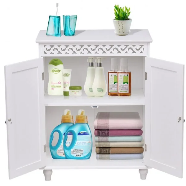 Commode de salle de bain Armoire de rangement Buffet avec ornementation sculptée en MDF, 60x34,5x76,5cm, Blanc