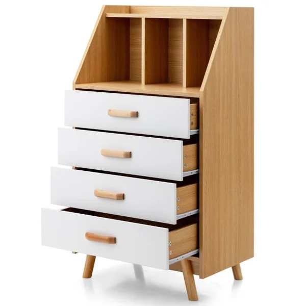 Commode en Bois avec 4 Tiroirs et Étagère de Rangement Anti-basculement Glissière Tampon en Métal 60 x 40 x 110 cm