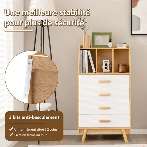Commode en Bois avec 4 Tiroirs et Étagère de Rangement Anti-basculement Glissière Tampon en Métal 60 x 40 x 110 cm