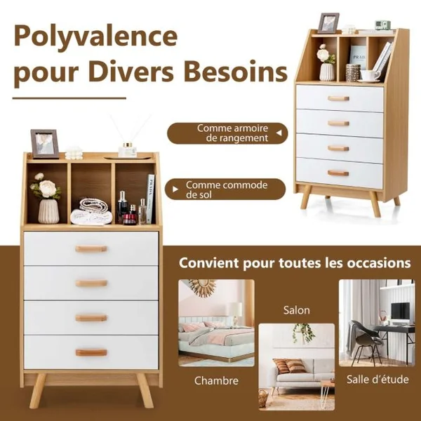 Commode en Bois avec 4 Tiroirs et Étagère de Rangement Anti-basculement Glissière Tampon en Métal 60 x 40 x 110 cm