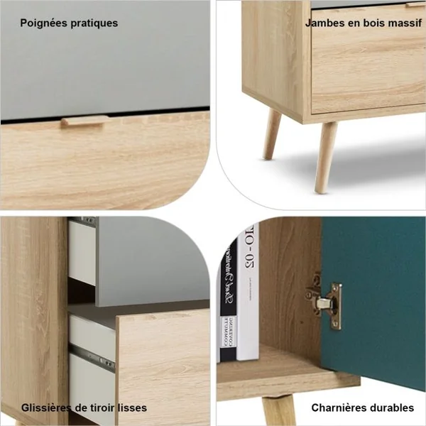 Commode en bois Meuble de Rangement de Style Scandinave avec 3 Tiroirs et 1 Armoire Latérale