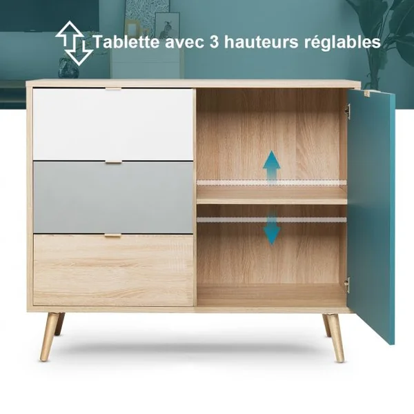 Commode en bois Meuble de Rangement de Style Scandinave avec 3 Tiroirs et 1 Armoire Latérale