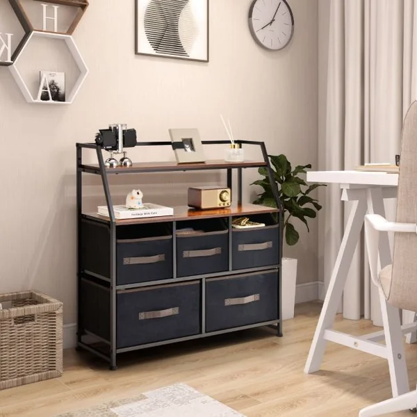 Commode en Tissu avec 5 Tiroirs 2 Étagères Commode meuble de rangement Cadre en Métal pour Salon Entrée 84 x 30 x 85 cm