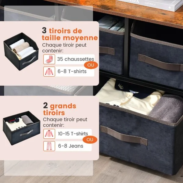 Commode en Tissu avec 5 Tiroirs 2 Étagères Commode meuble de rangement Cadre en Métal pour Salon Entrée 84 x 30 x 85 cm