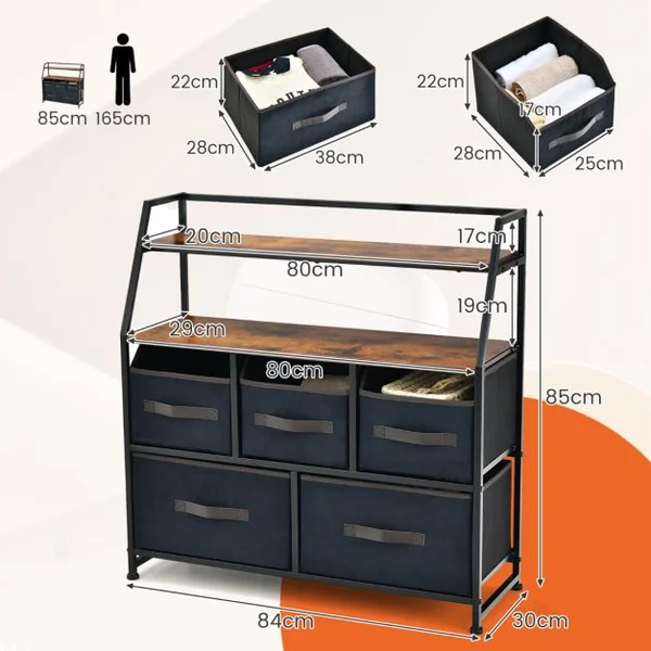 Commode en Tissu avec 5 Tiroirs 2 Étagères Commode meuble de rangement Cadre en Métal pour Salon Entrée 84 x 30 x 85 cm