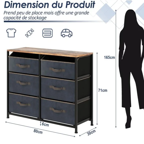 Commode en Tissu avec 6 Tiroirs Étagère Commode meuble de rangement Cadre en Métal pour Salon Entrée 80 x 30 x 71cm