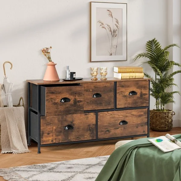 Commode Meuble de Rangement avec 5 Tiroirs Non-Tissés 100 x 30 x 54 cm Cadre en Métal Surface en MDF Marron Rustique&Noir