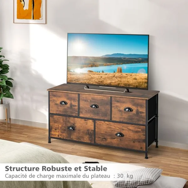 Commode Meuble de Rangement avec 5 Tiroirs Non-Tissés 100 x 30 x 54 cm Cadre en Métal Surface en MDF Marron Rustique&Noir