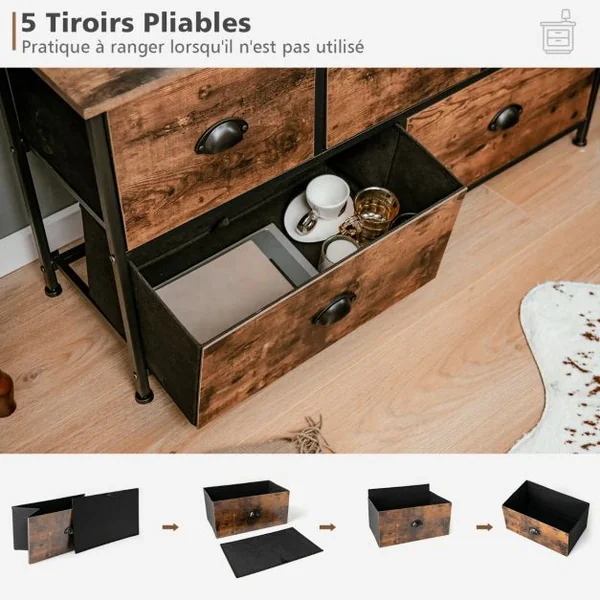 Commode Meuble de Rangement avec 5 Tiroirs Non-Tissés 100 x 30 x 54 cm Cadre en Métal Surface en MDF Marron Rustique&Noir