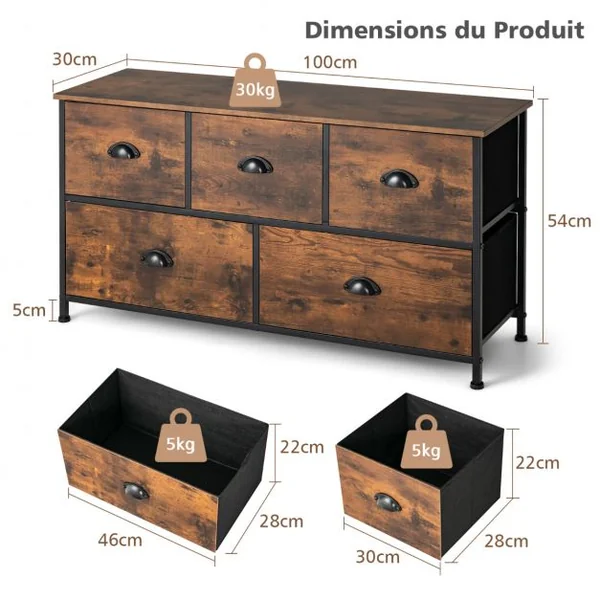 Commode Meuble de Rangement avec 5 Tiroirs Non-Tissés 100 x 30 x 54 cm Cadre en Métal Surface en MDF Marron Rustique&Noir