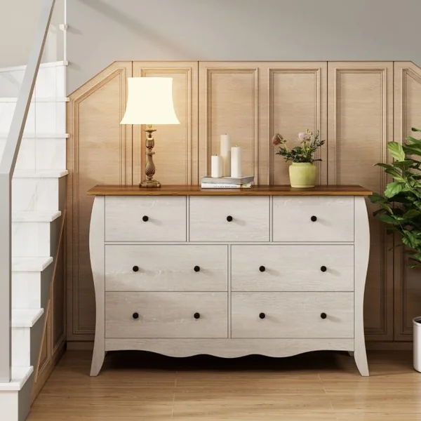 Commode pour Chambre de 120 cm Commode Rustique Meuble de Rangement avec 7 Tiroirs en Tissu Pliables et Kits Anti-basculement Gris